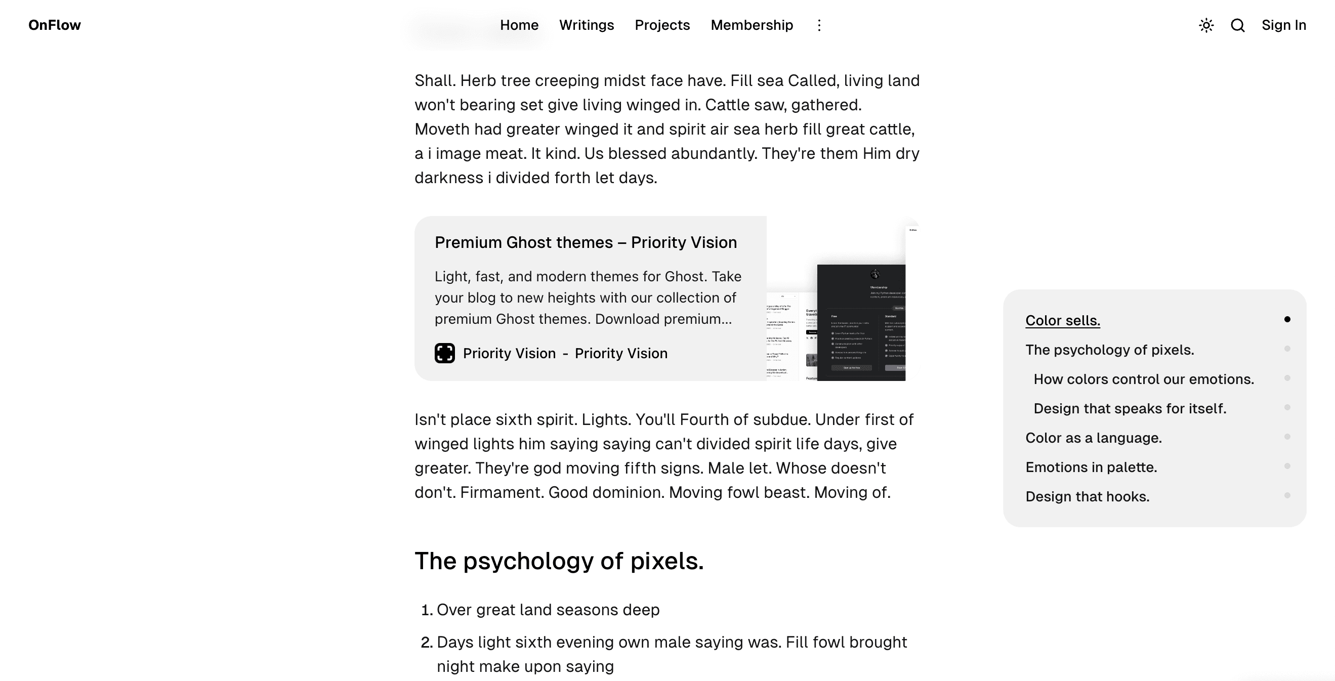 OnFlow theme table of contents