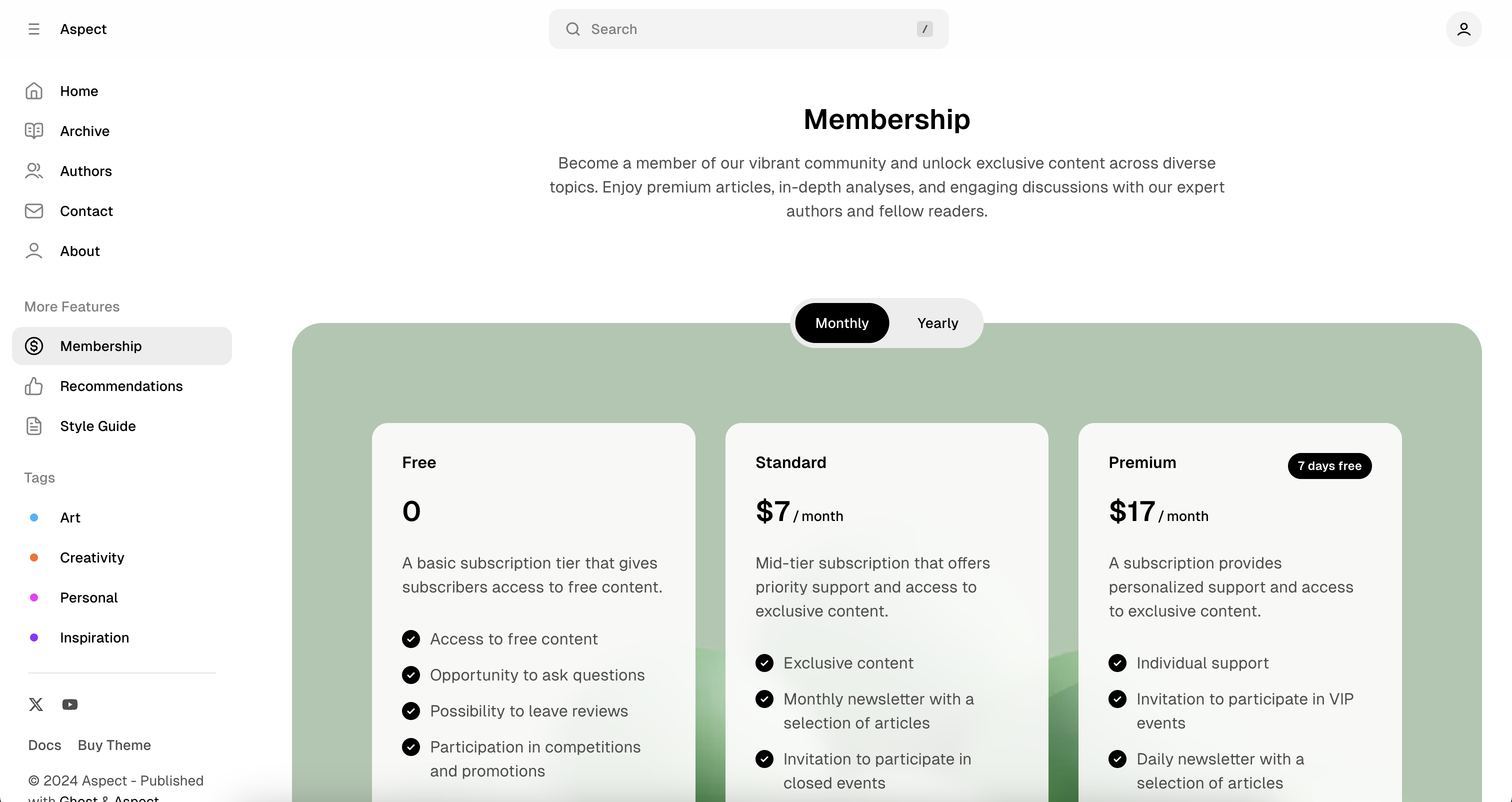 Aspect theme Membership page