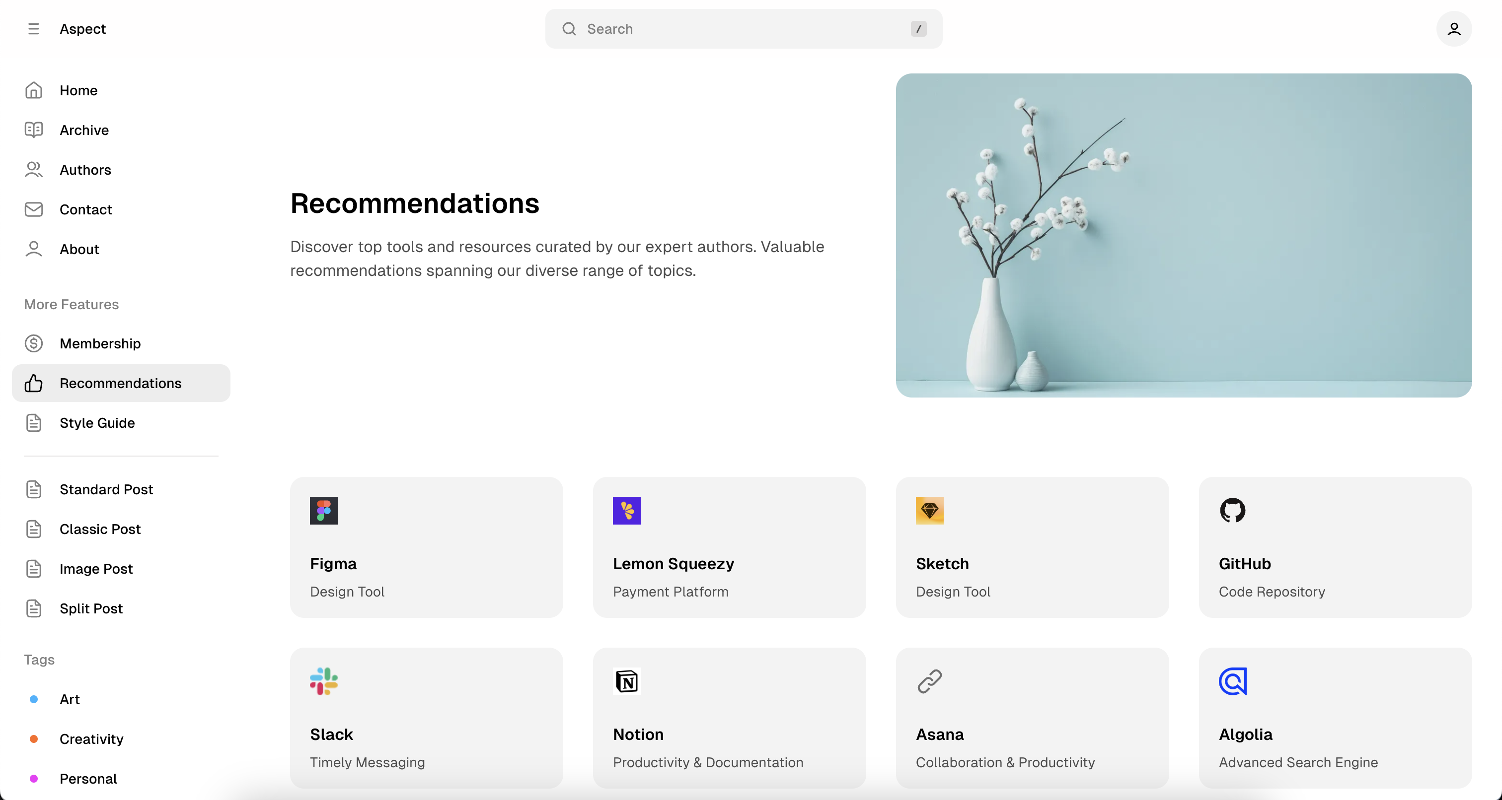 Aspect theme Recommandations page