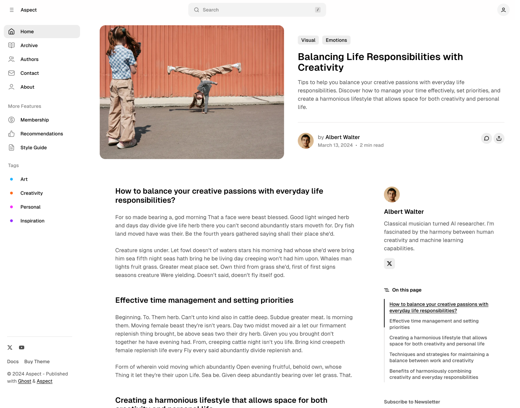 Aspect theme post/page split template