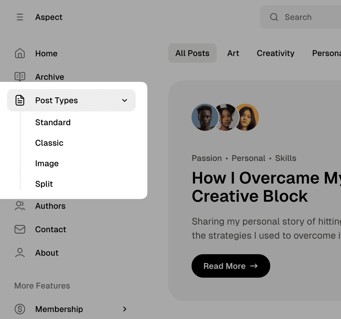 Aspect theme navigation dropdown
