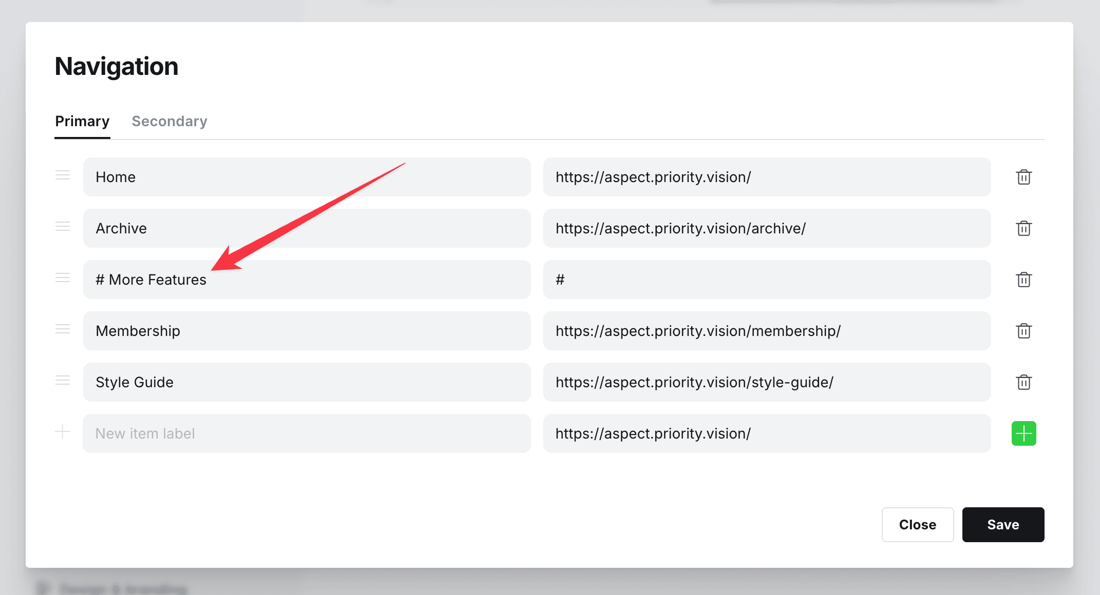 Navigation section setting